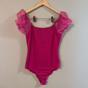 Altar'd State Hot Pink Ribbed Crew Neck Puffed Long Sleeve Bodysuit Reg Size L